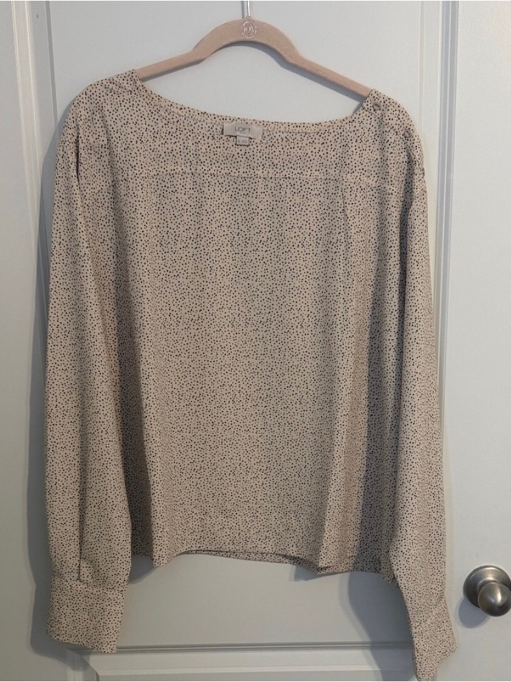 LOFT Cream Speckled Long Sleeve Blouse with Boatneck